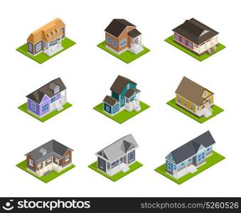 Town Houses Set. Town houses isometric set with detached houses isolated vector illustration