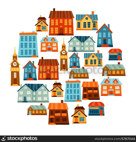 Town icon set of cute colorful houses.