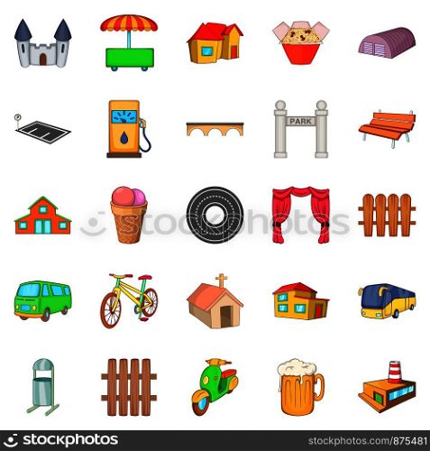 Town icons set. Cartoon set of 25 town vector icons for web isolated on white background. Town icons set, cartoon style