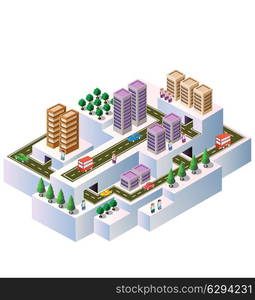 Town in isometric view with the landscape