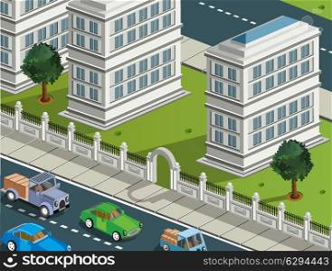 Town in isometric view with the landscape