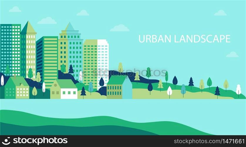 Town landscape panorama. Urban industry illustration. Simple flat city landscape with nature plant. Banner with countryside. Cityscape background. Design simple city pattern. vector illustration. Town landscape panorama. Urban industry illustration. Simple flat city landscape with nature plant. Banner with countryside. Cityscape background. Design simple city pattern. vector illustration.