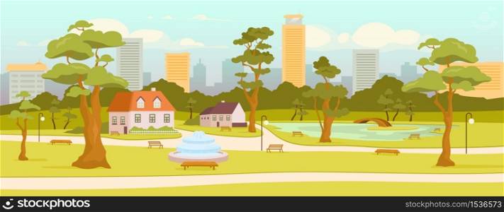 Town park flat color vector illustration. City recreation zone. Village square. Outdoor rest. Skyscrapers on horizon. Streets and houses 2D cartoon landscape with trees on background. Town park flat color vector illustration