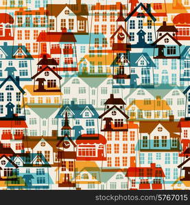 Town seamless pattern with cute colorful houses.