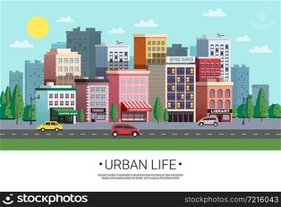 Town shopping area street view with colorful houses trees cars and roadside green lawn vector illustration . Town City Street Summer illustration
