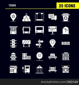 Town Solid Glyph Icons Set For Infographics, Mobile UX/UI Kit And Print Design. Include: Location, Map, Town, Church, House, Town, Park, Playground, Icon Set - Vector
