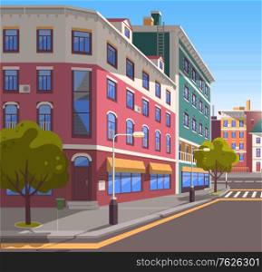 Town with buildings and empty street, 3d look of city road and houses. Bushes and trees, greenery cityscape. Skyline, crossroad with zebra. Cityscape with houses facades. Ubran landscape. Flat cartoon. Modern City Street, Realistic Tranquil Town Look