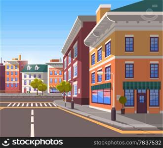 Town with buildings and empty street, 3d look of city road and houses. Bushes and trees, greenery cityscape. Skyline, crossroad with zebra. Cityscape with houses facades. Ubran landscape. Flat cartoon. Modern City Street, Realistic Tranquil Town Look
