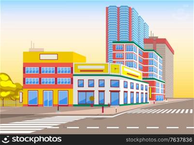 Town with buildings and empty street, 3d look of city road and houses. Bushes and trees, sunshine cityscape. Skyline, crossroad with zebra. Cityscape with houses facades. Ubran landscape. Flat cartoon. Modern City Street, Realistic Tranquil Town Look