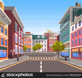 Town with buildings and empty street, 3d look of city road and houses appartment. Bushes and trees, greenery cityscape. Skyline, crossroad with zebra. End of the street. Vector in flat cartoon style. Modern City Street, Realistic Tranquil Town Look