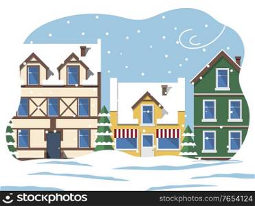 Town with old buildings and architecture in winter. Cityscape with snowing weather and bad conditions. Snowfall and wind in city. Roads covered with snow. Seasonal views, vector in flat style. City Street in Winter, Snowing Weather in Town