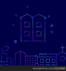 Townhouse, apartments, village gradient line vector icon, simple illustration on a dark blue background, cityscape buildings related bottom border.. Townhouse, apartments, village gradient line icon, buildings vector illustration