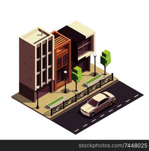 Townhouse buildings isometric composition with row of modern houses sidewalk pavement and motorway with street scenery vector illustration