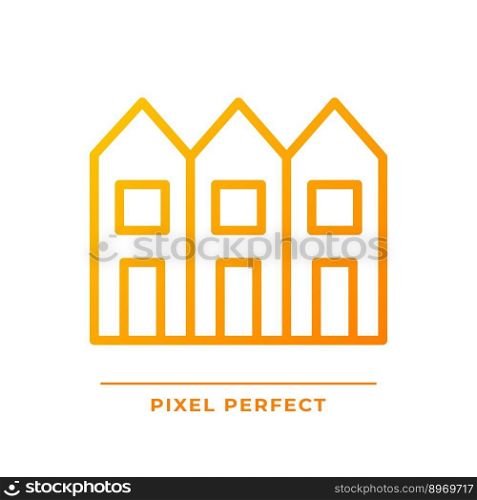 Townhouse pixel perfect gradient linear vector icon. Multiple floor houses in row. Luxury property. City rowhouse. Thin line color symbol. Modern style pictogram. Vector isolated outline drawing. Townhouse pixel perfect gradient linear vector icon