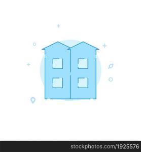 Townhouse vector icon. Flat illustration. Building symbol, filled line style. Blue monochrome design. Editable stroke. Adjust line weight.. Townhouse flat vector icon. Building symbol, filled line style. Blue monochrome design. Editable stroke