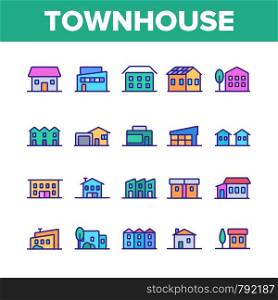 Townhouses, Residential Buildings Vector Linear Icons Set. Townhouse, Cottage And Villa Outline Symbols Pack. Countryside And Suburbs Area Property, Real Estate Isolated Contour Illustration. Townhouses, Residential Buildings Vector Linear Icons Set