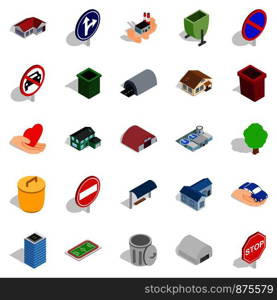 Township icons set. Isometric set of 25 township vector icons for web isolated on white background. Township icons set, isometric style