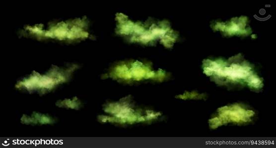 Toxic cloud with green poison stink smoke fog effect set. Bad fart smell realistic vector floating mist. 3d halloween vapor gases illustration isolated on black background. Potion abstract spray. Toxic cloud with green poison stink smoke fog