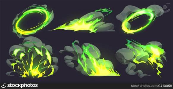 Toxic green comic fire with smoke effect cartoon illustration set. Bomb or energy explode with cloud flame after magician spell vfx icon. Boom explosion vortex clipart pack. Fantasy glow collection. Toxic green comic fire with smoke effect cartoon