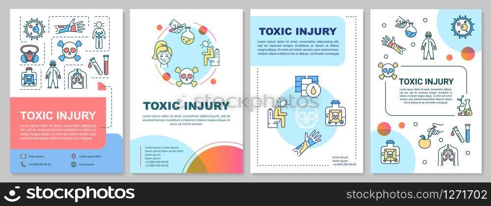 Toxic injury, poisoning and radiation consequences brochure template. Flyer, booklet, leaflet print, cover design with linear icons. Vector layouts for magazines, annual reports, advertising posters