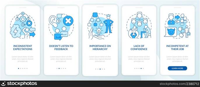Toxic leader traits blue onboarding mobile app screen. Walkthrough 5 steps graphic instructions pages with linear concepts. UI, UX, GUI template. Myriad Pro-Bold, Regular fonts used. Toxic leader traits blue onboarding mobile app screen