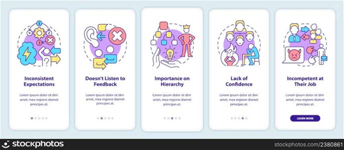 Toxic leader traits onboarding mobile app screen. Abusive relationships walkthrough 5 steps graphic instructions pages with linear concepts. UI, UX, GUI template. Myriad Pro-Bold, Regular fonts used. Toxic leader traits onboarding mobile app screen
