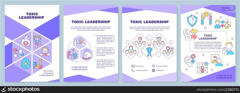 Toxic leadership brochure template. Abusive and hostile ceo. Leaflet design with linear icons. 4 vector layouts for presentation, annual reports. Arial-Black, Myriad Pro-Regular fonts used. Toxic leadership brochure template