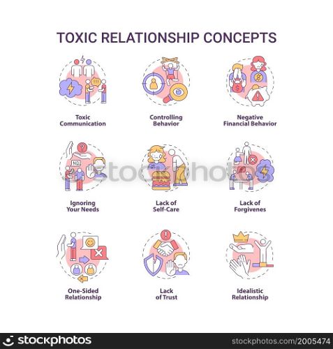 Toxic relationship concept icons set. Manipulative partner. Trust and support lack. Abusive cohabitation idea thin line color illustrations. Vector isolated outline drawings. Editable stroke. Toxic relationship concept icons set