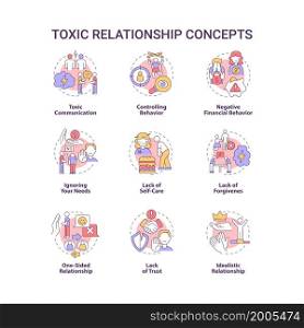 Toxic relationship concept icons set. Manipulative partner. Trust and support lack. Abusive cohabitation idea thin line color illustrations. Vector isolated outline drawings. Editable stroke. Toxic relationship concept icons set