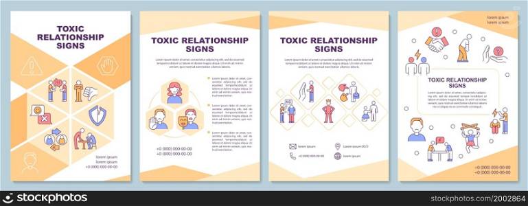 Toxic relationship signs brochure template. Define domestic abuse. Flyer, booklet, leaflet print, cover design with linear icons. Vector layouts for presentation, annual reports, advertisement pages. Toxic relationship signs brochure template