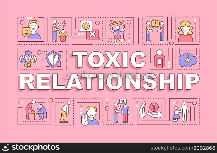 Toxic relationship word concepts banner. Controlling partner behavior. Infographics with linear icons on pink background. Isolated creative typography. Vector outline color illustration with text. Toxic relationship word concepts banner