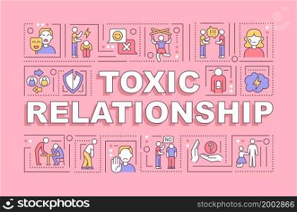 Toxic relationship word concepts banner. Controlling partner behavior. Infographics with linear icons on pink background. Isolated creative typography. Vector outline color illustration with text. Toxic relationship word concepts banner