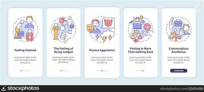 Toxic relationships at work onboarding mobile app page screen. Passive aggression walkthrough 5 steps graphic instructions with concepts. UI, UX, GUI vector template with linear color illustrations. Toxic relationships at work onboarding mobile app page screen