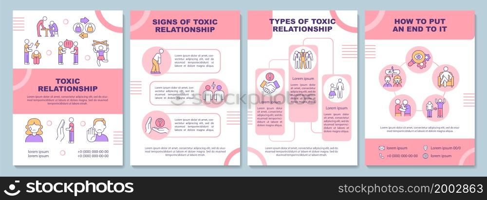 Toxic relationships brochure template. Abusive partner signs. Flyer, booklet, leaflet print, cover design with linear icons. Vector layouts for presentation, annual reports, advertisement pages. Toxic relationships brochure template