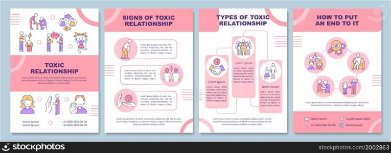 Toxic relationships brochure template. Abusive partner signs. Flyer, booklet, leaflet print, cover design with linear icons. Vector layouts for presentation, annual reports, advertisement pages. Toxic relationships brochure template