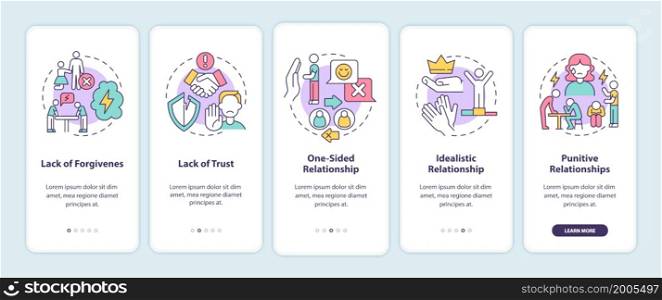 Toxic relationships types onboarding mobile app page screen. Punitive and idealistic walkthrough 5 steps graphic instructions with concepts. UI, UX, GUI vector template with linear color illustrations. Toxic relationships types onboarding mobile app page screen