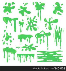 Toxic various green slime flat set for web design. Cartoon slimy goo splashes, blobs and mucus drops isolated vector illustration collection. Decorative shapes and liquid borders for design concept