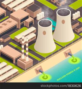 Toxic waste nuclear chemical pollution biohazard composition with nuclear power plant buildings vector illustration. Toxic Waste Nuclear Chemical Pollution Biohazard Composition