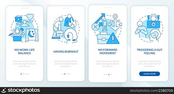 Toxic work environment signs blue onboarding mobile app screen. Walkthrough 4 steps graphic instructions pages with linear concepts. UI, UX, GUI template. Myriad Pro-Bold, Regular fonts used. Toxic work environment signs blue onboarding mobile app screen