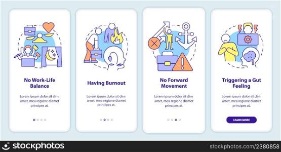 Toxic work environment signs onboarding mobile app screen. Walkthrough 4 steps graphic instructions pages with linear concepts. UI, UX, GUI template. Myriad Pro-Bold, Regular fonts used. Toxic work environment signs onboarding mobile app screen