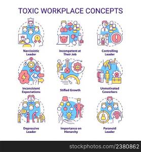 Toxic workplace concept icons set. Toxic leader. Unhealthy work environment idea thin line color illustrations. Isolated symbols. Editable stroke. Roboto-Medium, Myriad Pro-Bold fonts used. Toxic workplace concept icons set