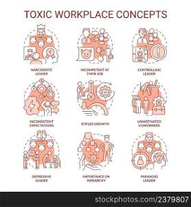 Toxic workplace red concept icons set. Toxic leader. Unhealthy work environment idea thin line color illustrations. Isolated symbols. Editable stroke. Roboto-Medium, Myriad Pro-Bold fonts used. Toxic workplace red concept icons set