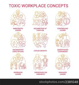 Toxic workplace red gradient concept icons set. Toxic leader. Unhealthy work environment idea thin line color illustrations. Isolated symbols. Roboto-Medium, Myriad Pro-Bold fonts used. Toxic workplace red gradient concept icons set