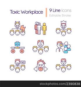 Toxic workplace RGB color icons set. Unhealthy and abusive environment. Isolated vector illustrations. Simple filled line drawings collection. Editable stroke. Quicksand-Light font used. Toxic workplace RGB color icons set