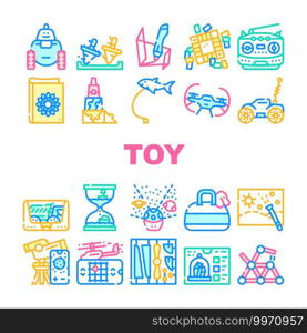 Toy And Children Game Collection Icons Set Vector. Robot And Radio Controlled Car, Flying Fish And Doggy Bag, Quadrocopter And Telescope Toy Concept Linear Pictograms. Contour Color Illustrations. Toy And Children Game Collection Icons Set Vector