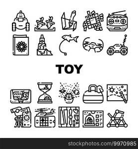 Toy And Children Game Collection Icons Set Vector. Robot And Radio Controlled Car, Flying Fish And Doggy Bag, Quadrocopter And Telescope Toy Black Contour Illustrations. Toy And Children Game Collection Icons Set Vector