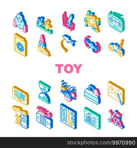 Toy And Children Game Collection Icons Set Vector. Robot And Radio Controlled Car, Flying Fish And Doggy Bag, Quadrocopter And Telescope Toy Isometric Sign Color Illustrations. Toy And Children Game Collection Icons Set Vector