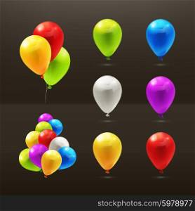 Toy balloons, set of vector icons on black