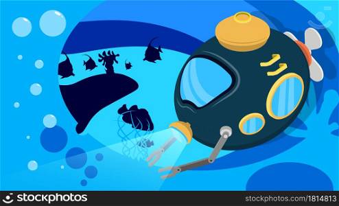 toy bathyscaphe in conducts research in an underwater cave. Children toys and entertainment. Underwater research. Vector