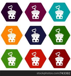 Toy bucket and shovel icon set many color hexahedron isolated on white vector illustration. Toy bucket and shovel icon set color hexahedron